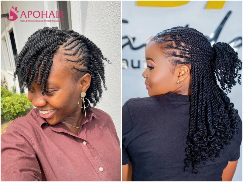 Kinky twists with a matte, textured finish blending into natural hair