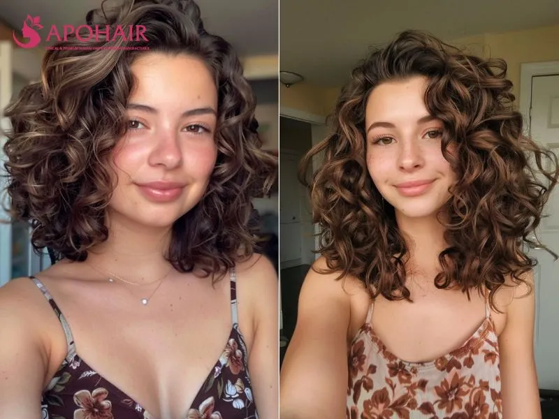 Curly lob ending below the chin with balanced interior layers