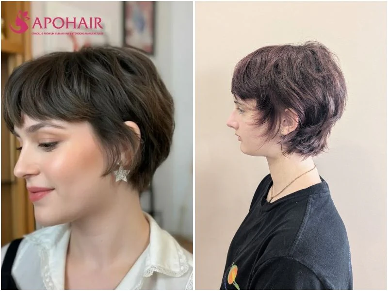 Layered feathered pixie with fine tips at the hairline, ears, and nape