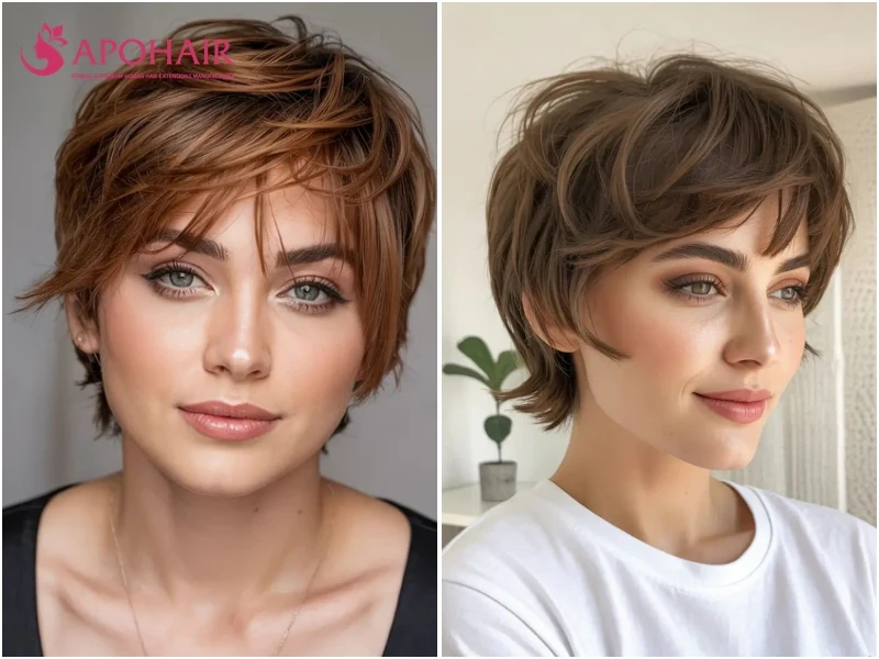 Layered feathered pixie with short overlapping layers ending in fine tips