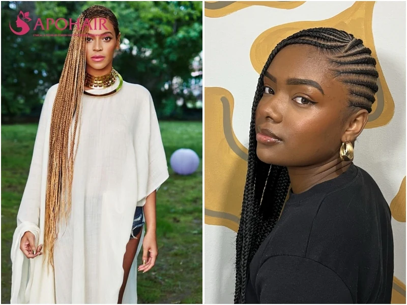 Lemonade braids draping long, thin rows over one shoulder from a deep side part