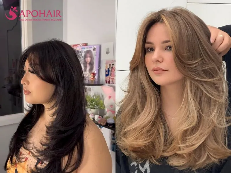 Long butterfly haircut with chin-length face-framing layers and a longer base