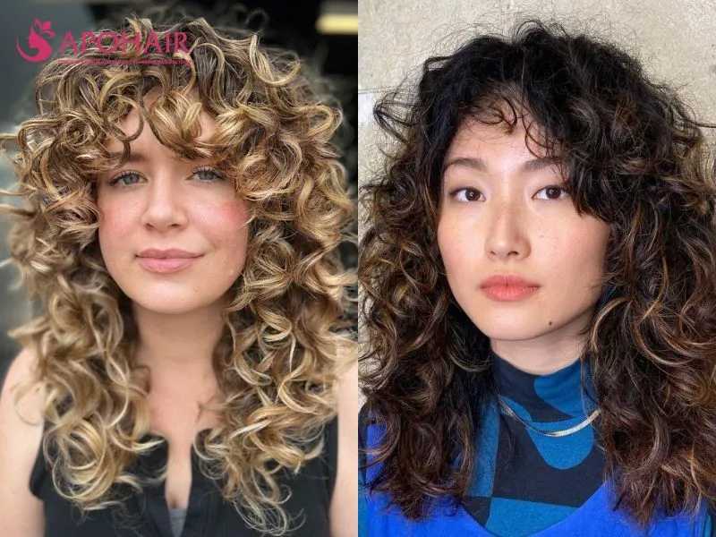Long curly shag with short crown layers and a soft curly fringe