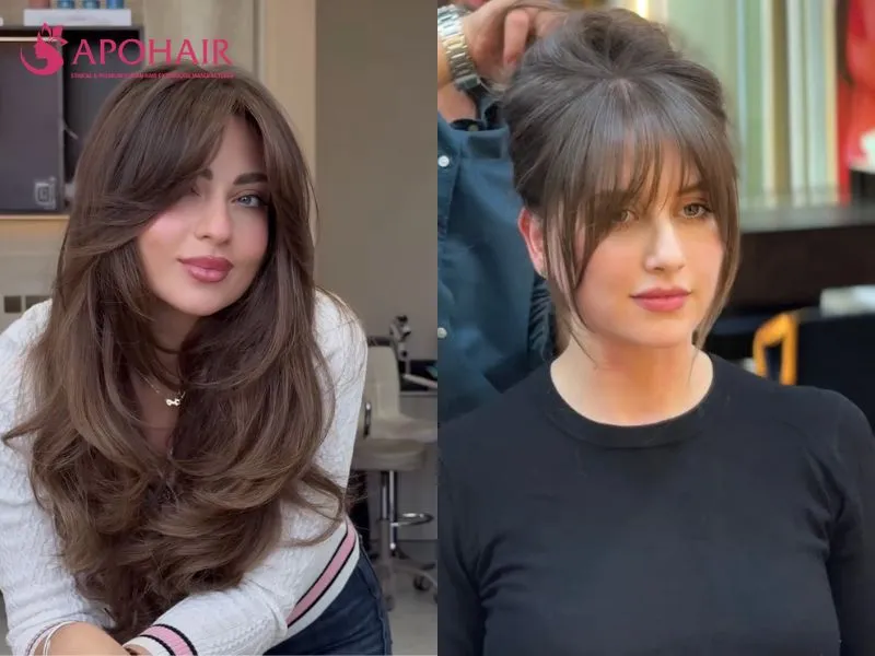 Long hair with curtain bangs sweeping from the cheekbones toward the jaw