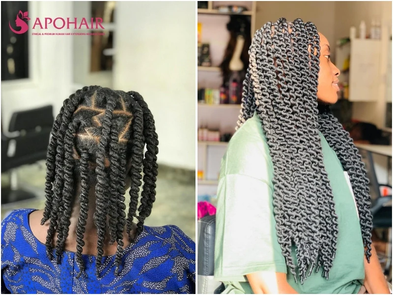 Long kiko with wool-extended threaded sections falling past the shoulders