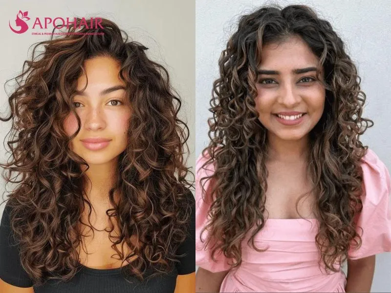 Long natural curls with cascading layers and reduced weight at the ends