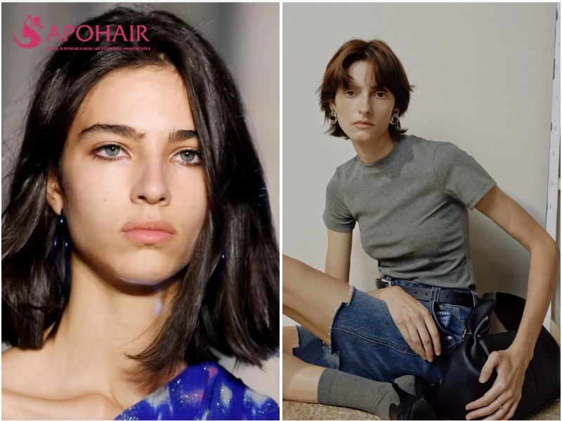 Model Loli Bahia wearing a long pixie bob, or bixie, with bob-length sides