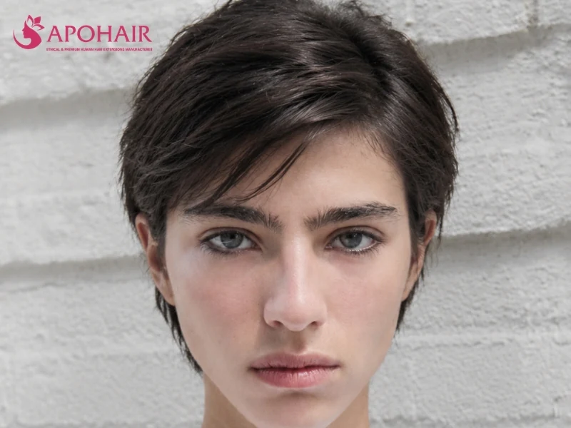 Long pixie with the top falling forward across the forehead