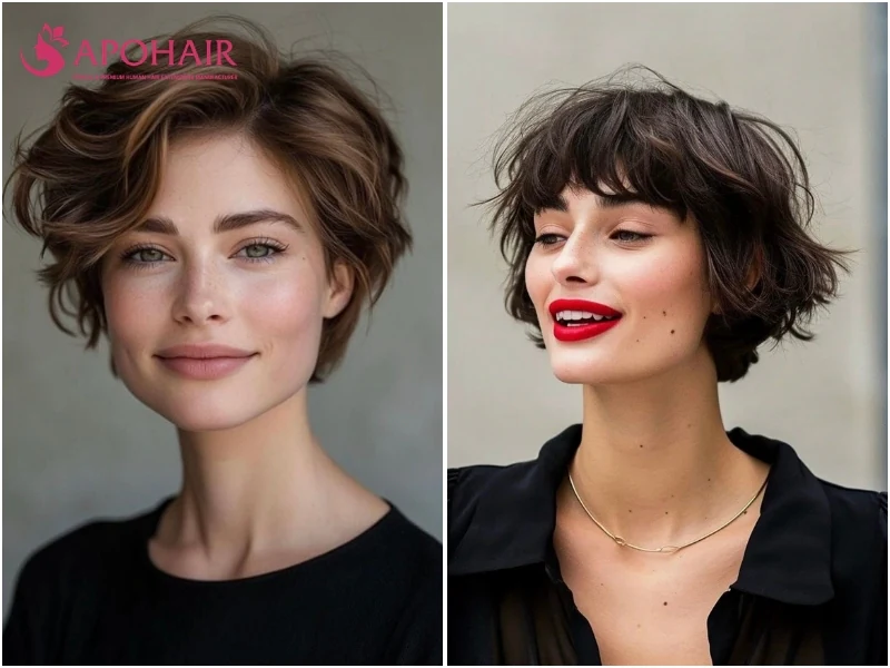 Long pixie with the top lifted and swept to one side, two examples