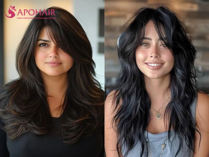Long shag haircut with choppy layers beginning below the jaw
