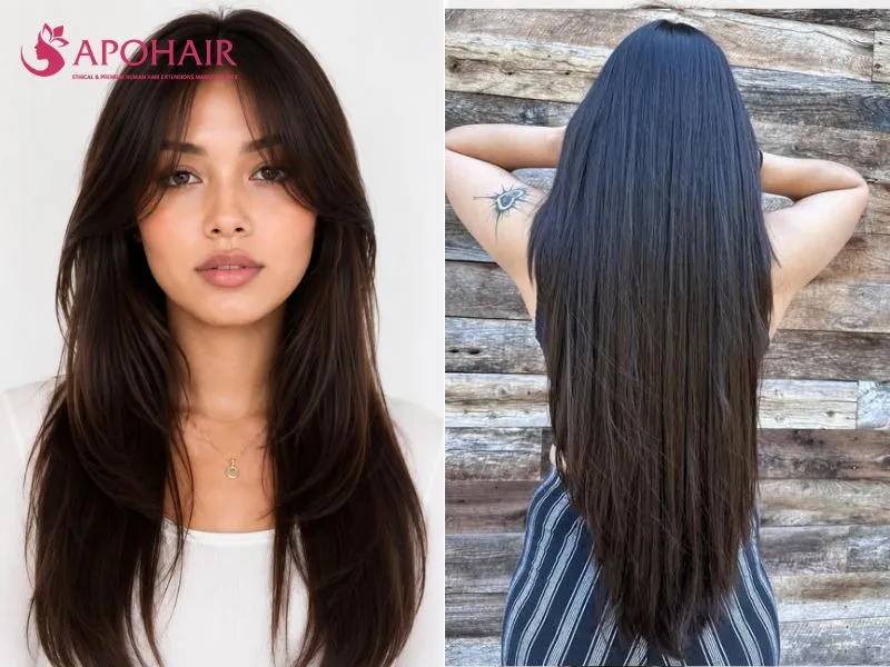 Front and back views of long V-cut layers extending below the chin