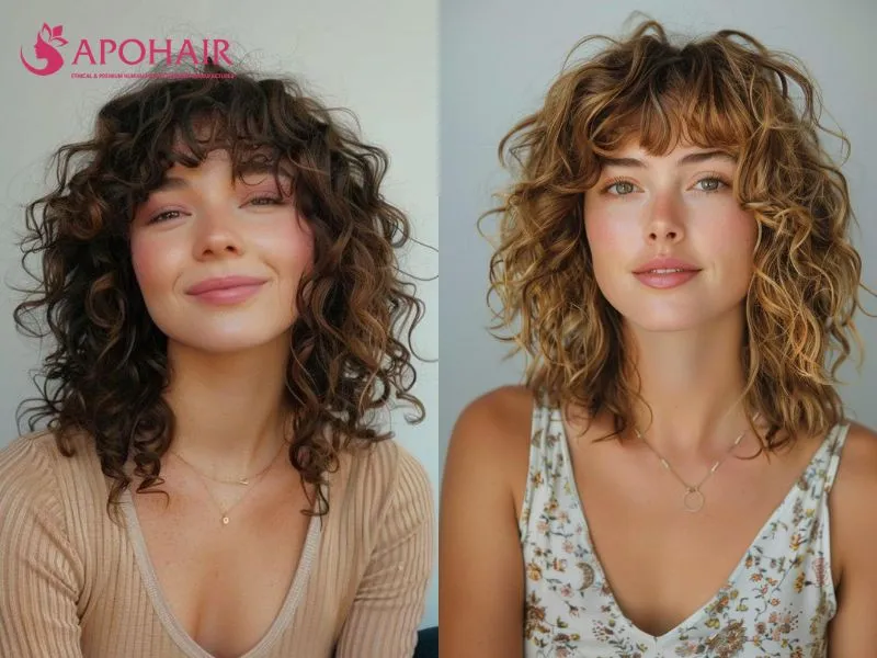 Shoulder-length curly shag with airy crown layers and wispy bangs