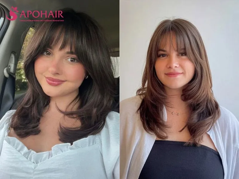 Shoulder-length hair with center-split curtain bangs opening across the forehead