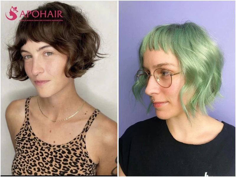 Messy shaggy bob with micro bangs and face-framing pieces at the cheekbones