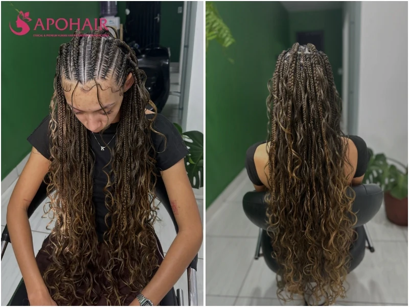 Micro Fulani braids in fine, waist-length sections with curly strands