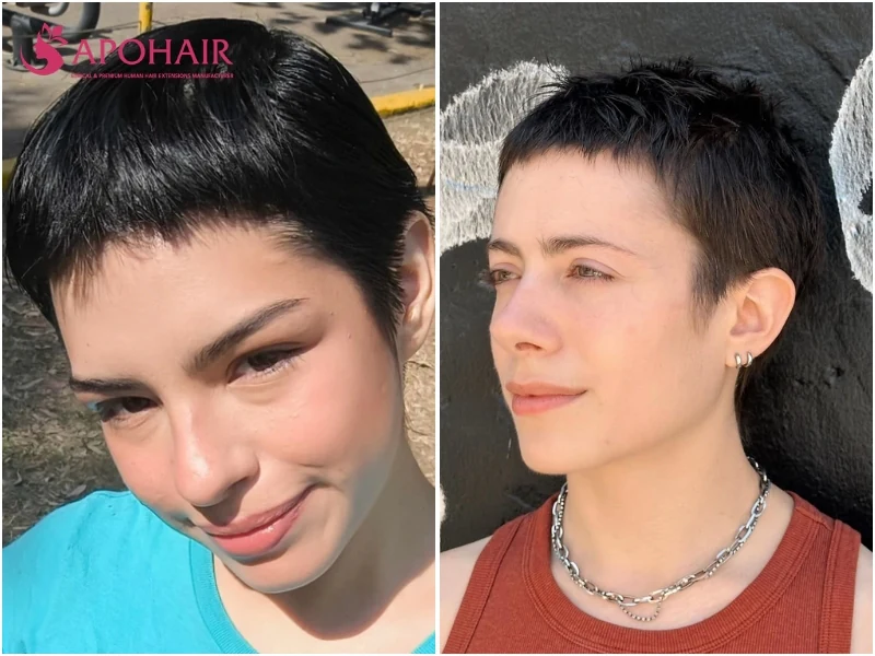 Micro pixie or buzz crop with hair taken to a fraction of an inch all over