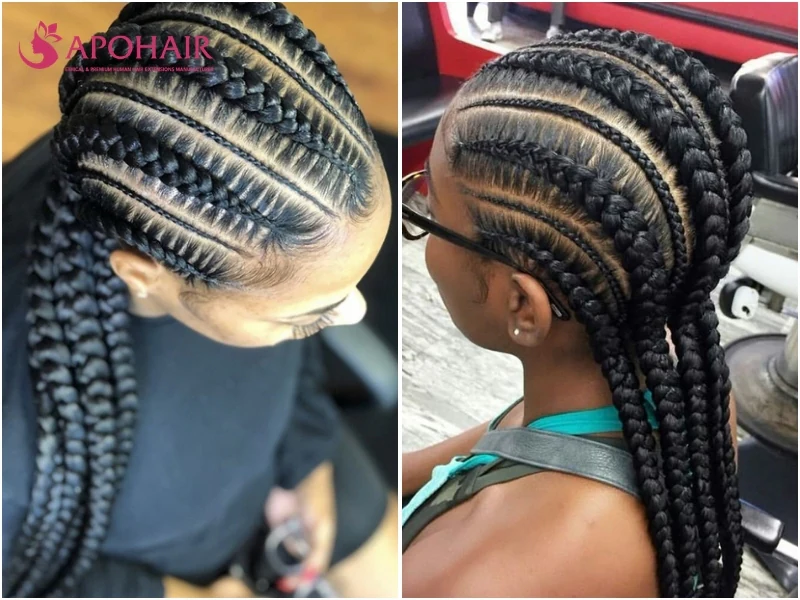 Mixed-size cornrows alternating thick and thin rows across the head