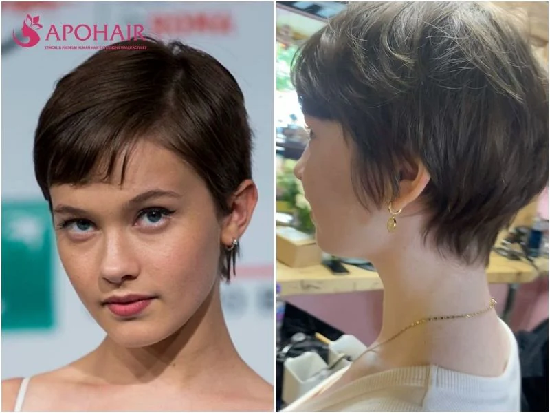 Cailee Spaeny wearing a nape-length pixie with a longer back and flat top