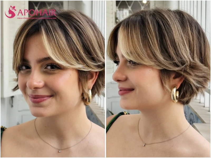 Pixie with curtain bangs split at the center and swept toward the temples