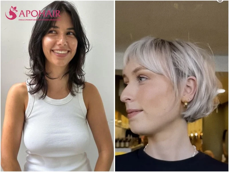 Pixie with curtain bangs parted at the center and swept toward the temples