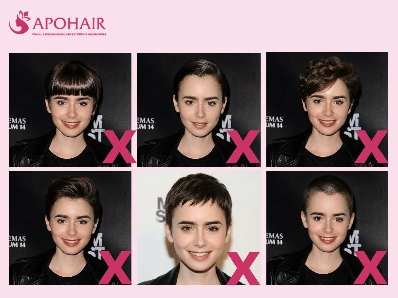 Grid of six pixie cuts to avoid for a heart-shaped face marked with red X