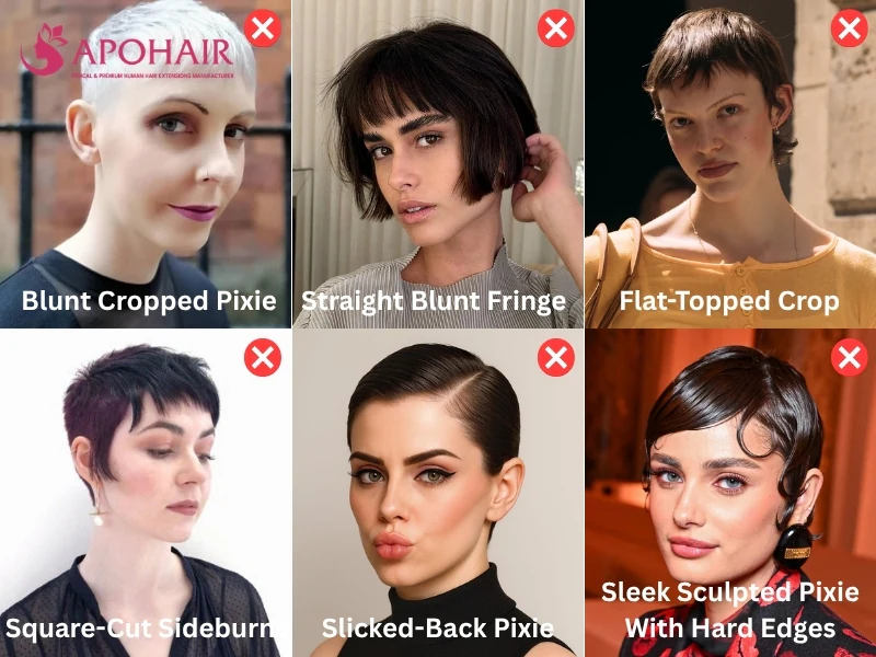 Grid of six pixie cuts to avoid for a square face marked with red X