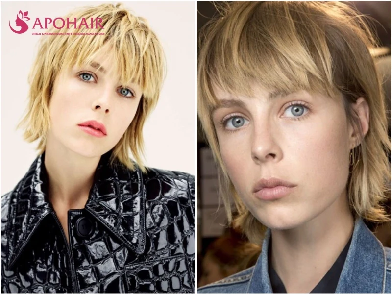 Eddie Campbell wearing a pixie cut with a full blunt fringe cut straight across at brow height