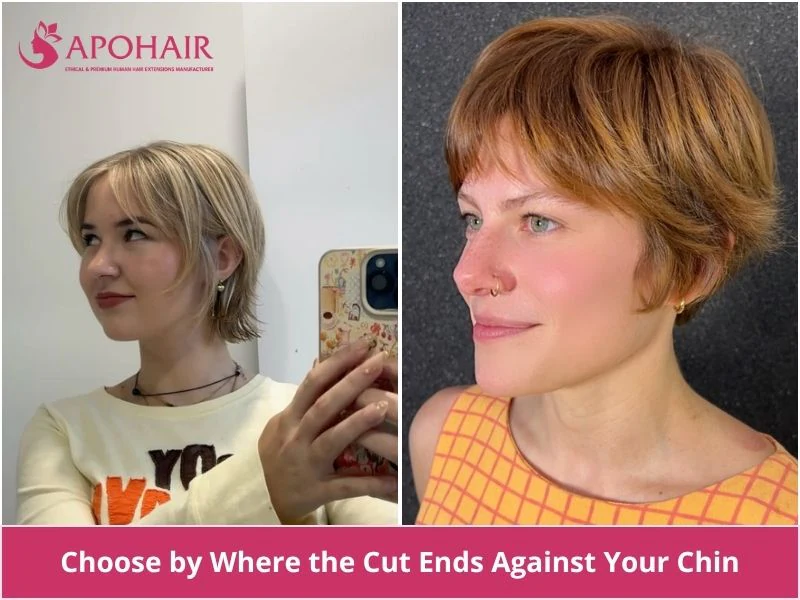 Diagram comparing where a pixie's length ends against the chin