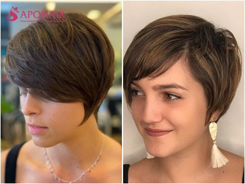 Pixie with a long sweeping fringe crossing to one cheekbone