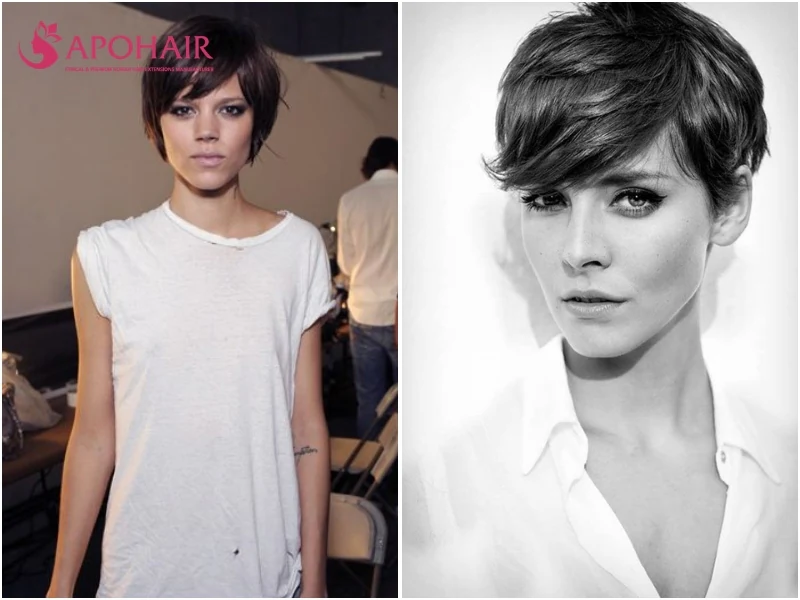Pixie with a long fringe swept diagonally toward one cheekbone
