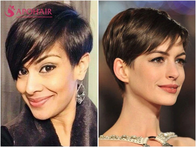 Anne Hathaway wearing a pixie with a long sweeping fringe past one cheekbone