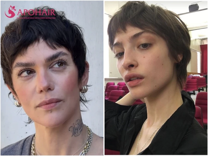 Chantal Simons and Lera Abova both wearing a pixie with very short, straight micro bangs above the brow