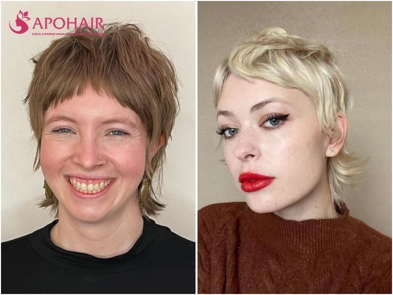 Pixie mullet with a flat top and a longer nape falling onto the neck