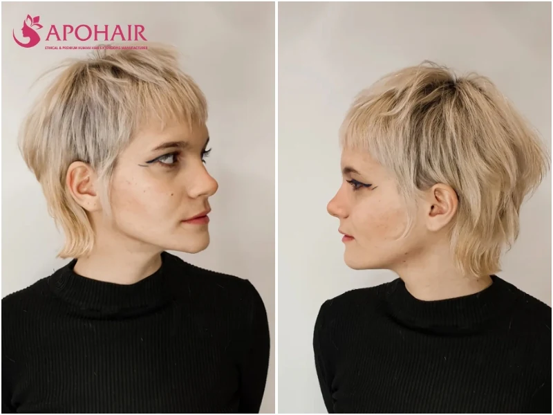 Pixie mullet with cropped front and sides and a longer nape trailing onto the neck