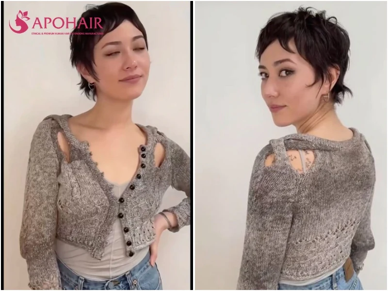 Pixie mullet with a short top and longer nape trailing toward the neck