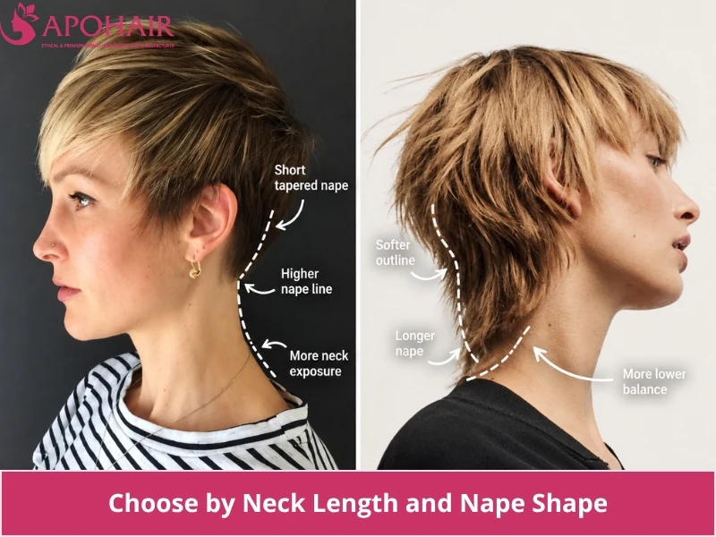 Diagram comparing a short tapered nape against a longer, softer nape