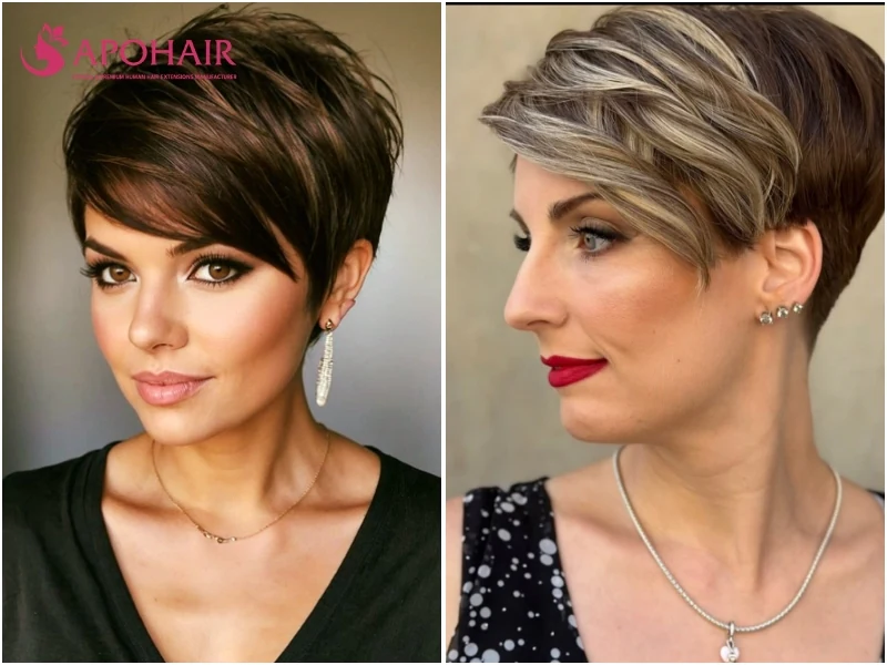 Pixie with side-swept bangs sweeping across the forehead from a side part