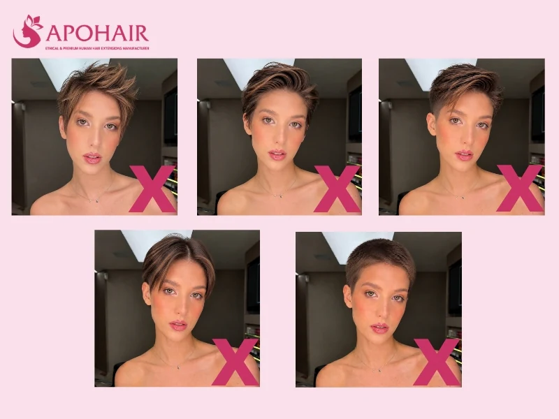 Grid of five pixie styles marked with a red X as ones to avoid