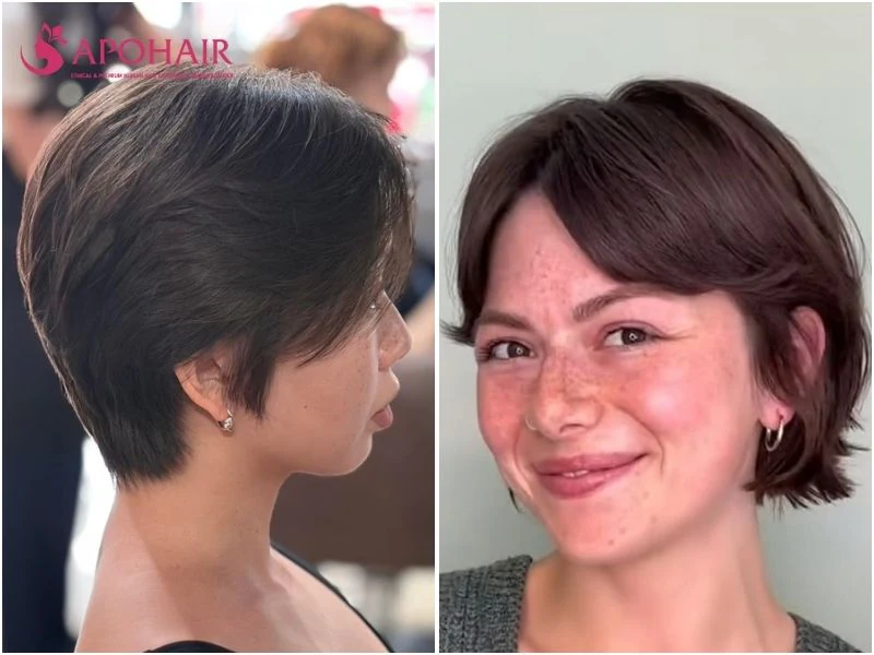 Pixie with curtain bangs divided at the center and curving outward