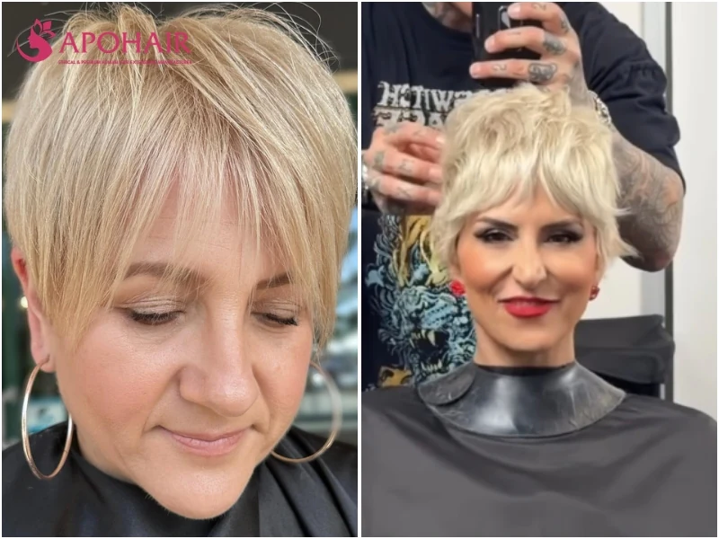 Pixie with curtain bangs parted at the center and curving to each temple