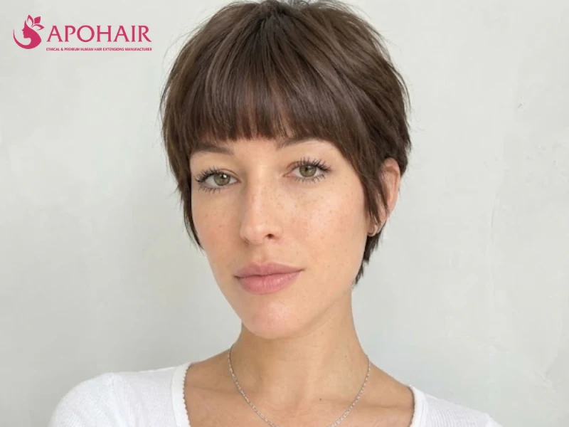 Pixie with a full blunt fringe covering the forehead at brow level