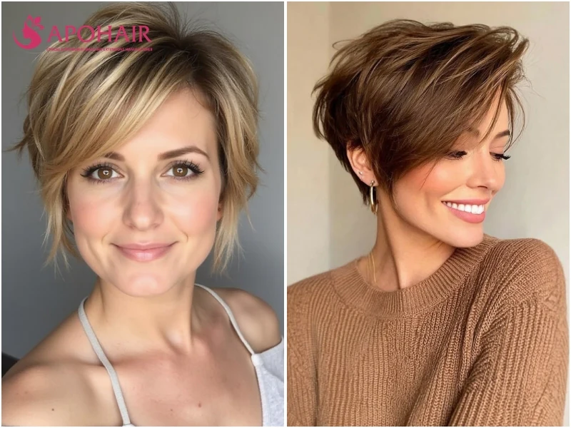 Pixie with side-swept bangs brushed diagonally across the forehead