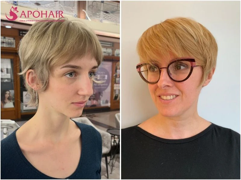 Pixie with a light, feathered soft fringe falling over the forehead