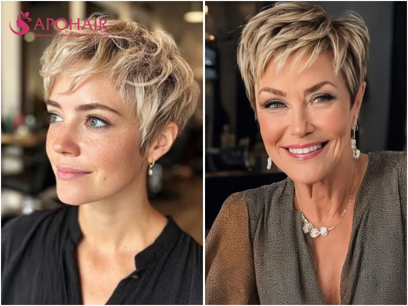 Pixie with a few fine, see-through wispy strands over the brows