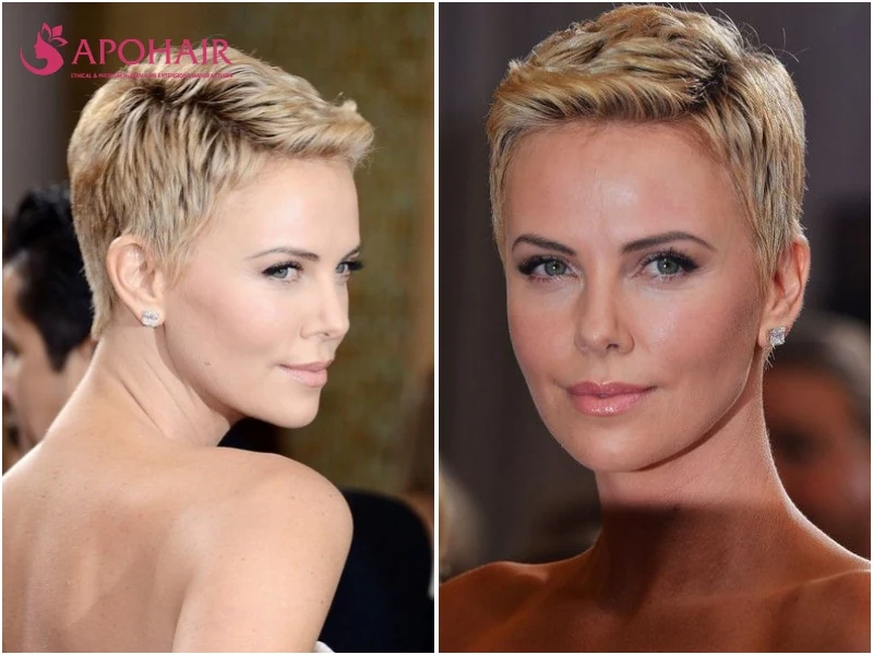Charlize Theron wearing a quiffed pixie with the front swept up and back