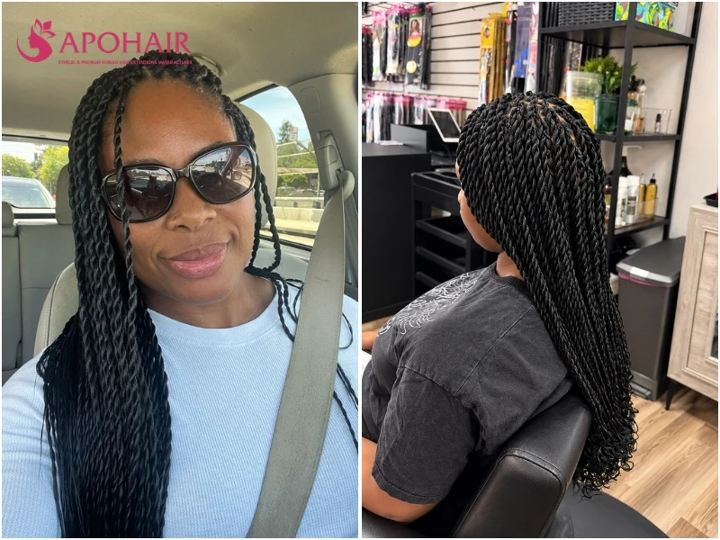 Senegalese twists as slim, sleek, glossy ropes