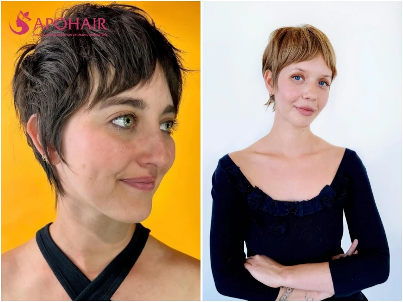 Actress Mia Goth wearing a shaggy pixie with choppy, uneven layers at the sides and back