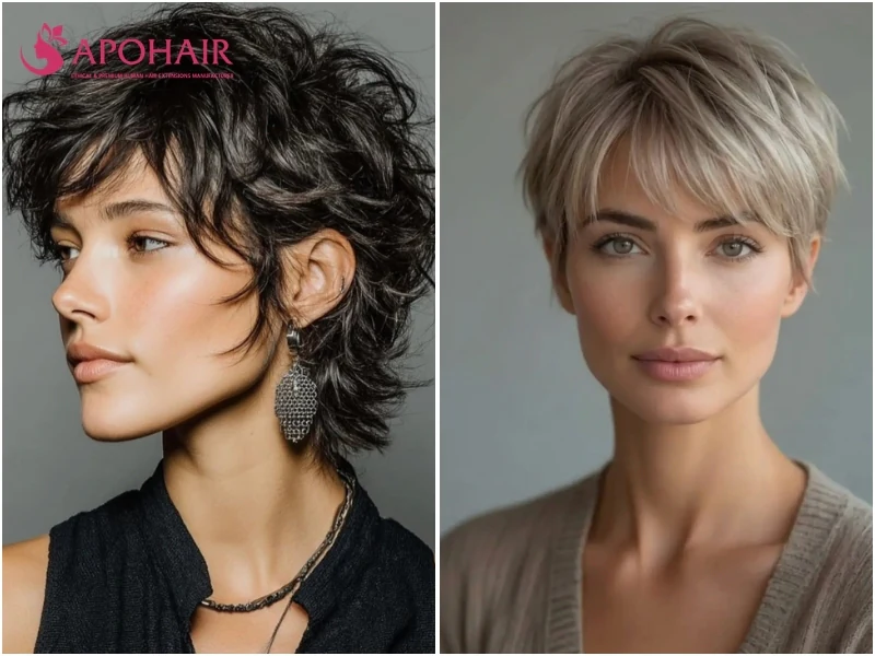 Shaggy pixie with choppy, uneven layers from crown to nape, two examples
