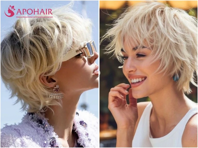 Shaggy pixie with rough, uneven layers giving a tousled outline