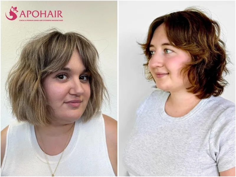 Two short bobs with light curtain bangs and longer outer edges